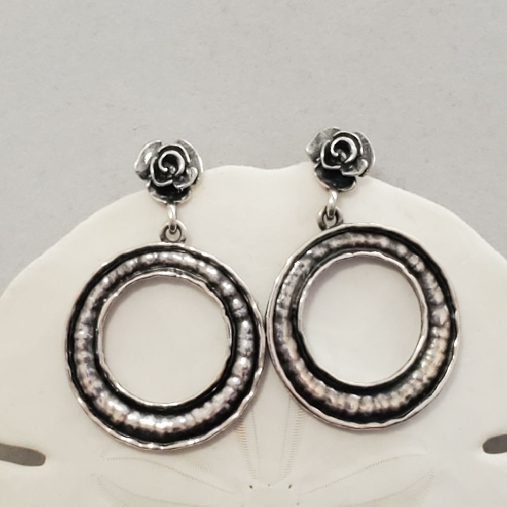 Or Paz PZ Oxidized Sterling Silver Rustic Hammered Drop Circle and Rose Earrings